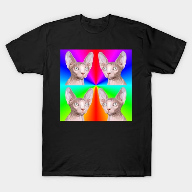 Multiple Rainbow Pop Art Sphynx Cat Faces T-Shirt by Art by Deborah Camp